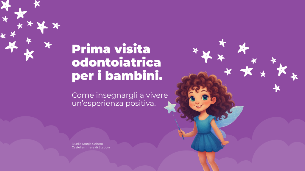 Illustrazione colorata di una bambina con ali da fatina su sfondo viola, simbolo della prima visita odontoiatrica per i bambini nello Studio Monja Celotto di Castellammare di Stabia.