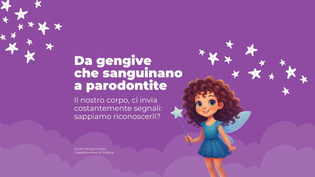 Illustrazione a tema odontoiatrico con una fatina dei denti su sfondo viola e il titolo “Da gengive che sanguinano a parodontite: i segnali da non ignorare”, per introdurre un contenuto informativo sulla salute gengivale.