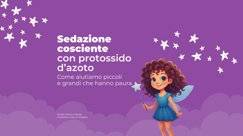 Illustrazione su sfondo viola con una fatina sorridente che tiene una bacchetta magica accanto al titolo “Sedazione cosciente con protossido d’azoto – Come aiutiamo piccoli e grandi che hanno paura”. Immagine rappresentativa del trattamento odontoiatrico per bambini presso lo Studio Dentistico Monja Celotto di Castellammare di Stabia.
