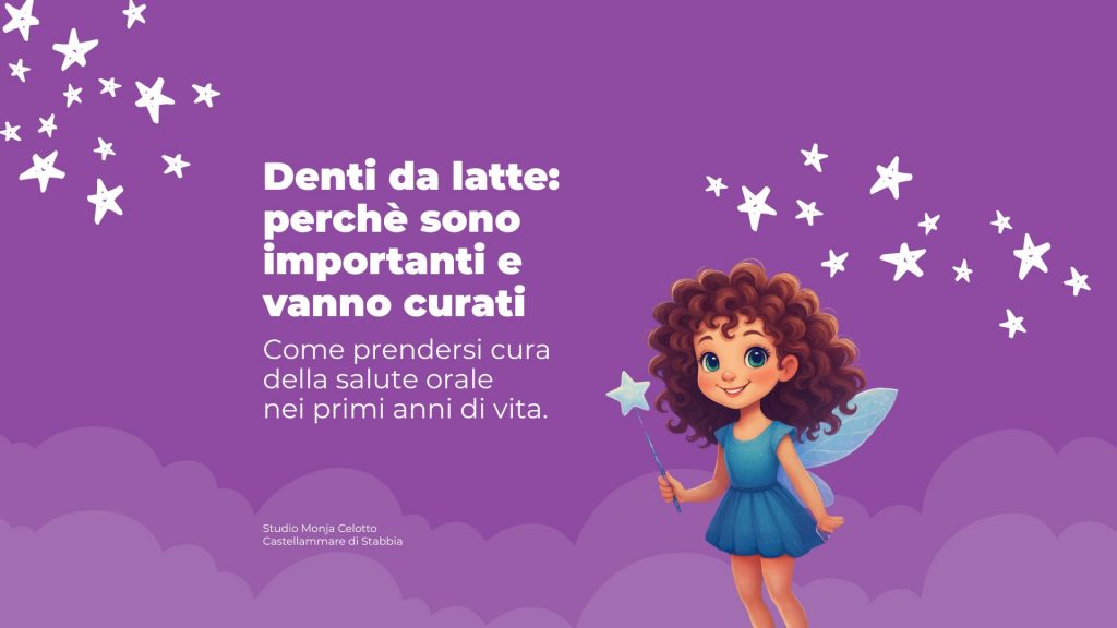 Illustrazione di una bambina con la fatina dei denti che rappresenta l’importanza della cura dei denti da latte nei primi anni di vita