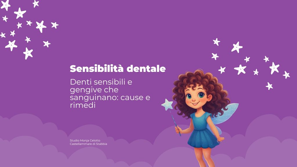 Illustrazione colorata di una bambina con ali da fatina su sfondo viola, simbolo della prima visita odontoiatrica per i bambini nello Studio Monja Celotto di Castellammare di Stabia.