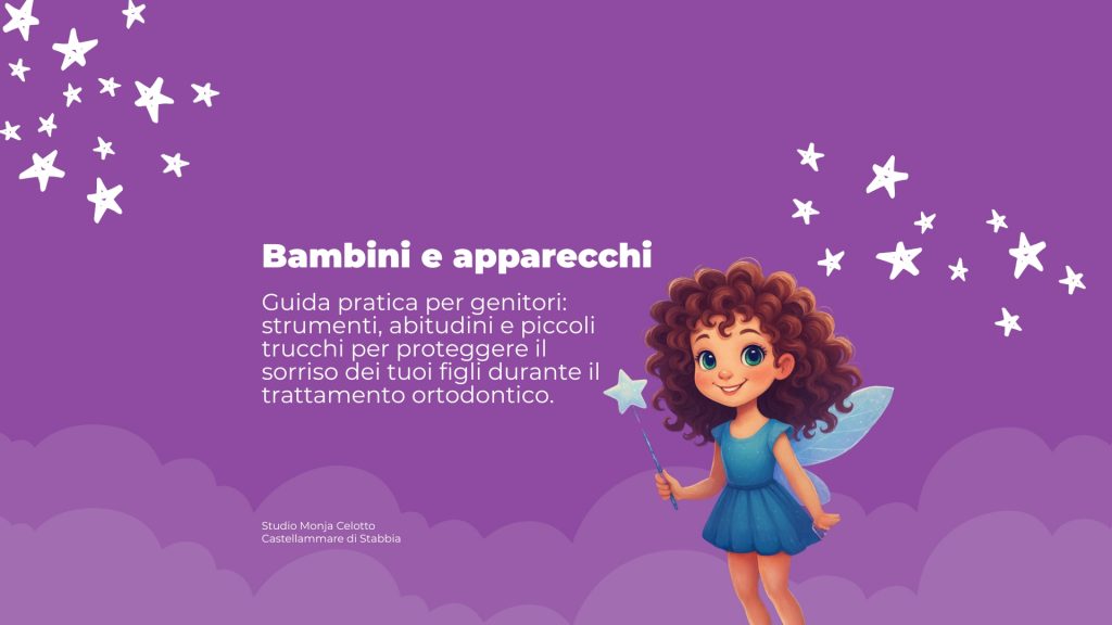 Illustrazione dedicata ai bambini con apparecchio ortodontico e guida pratica per genitori sul trattamento dentale infantile.