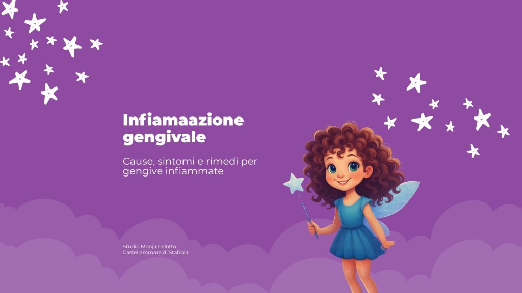 Grafica su sfondo viola con stelline bianche, nuvole decorative in basso e illustrazione di una bambina fatina con vestito blu, ali e bacchetta magica; a sinistra il titolo “Infiammazione gengivale” e il sottotitolo “Cause, sintomi e rimedi per gengive infiammate”.