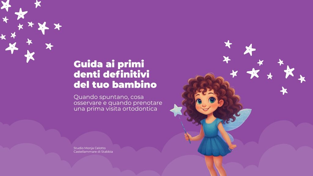 Illustrazione di una fatina dei denti per una guida su quando spuntano i denti definitivi nei bambini e quando fare una visita ortodontica.