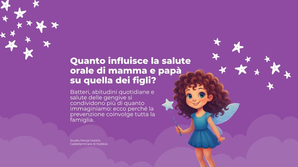 Salute orale di mamma, papà e figli: grafica sulla prevenzione in famiglia con una fatina su sfondo viola.